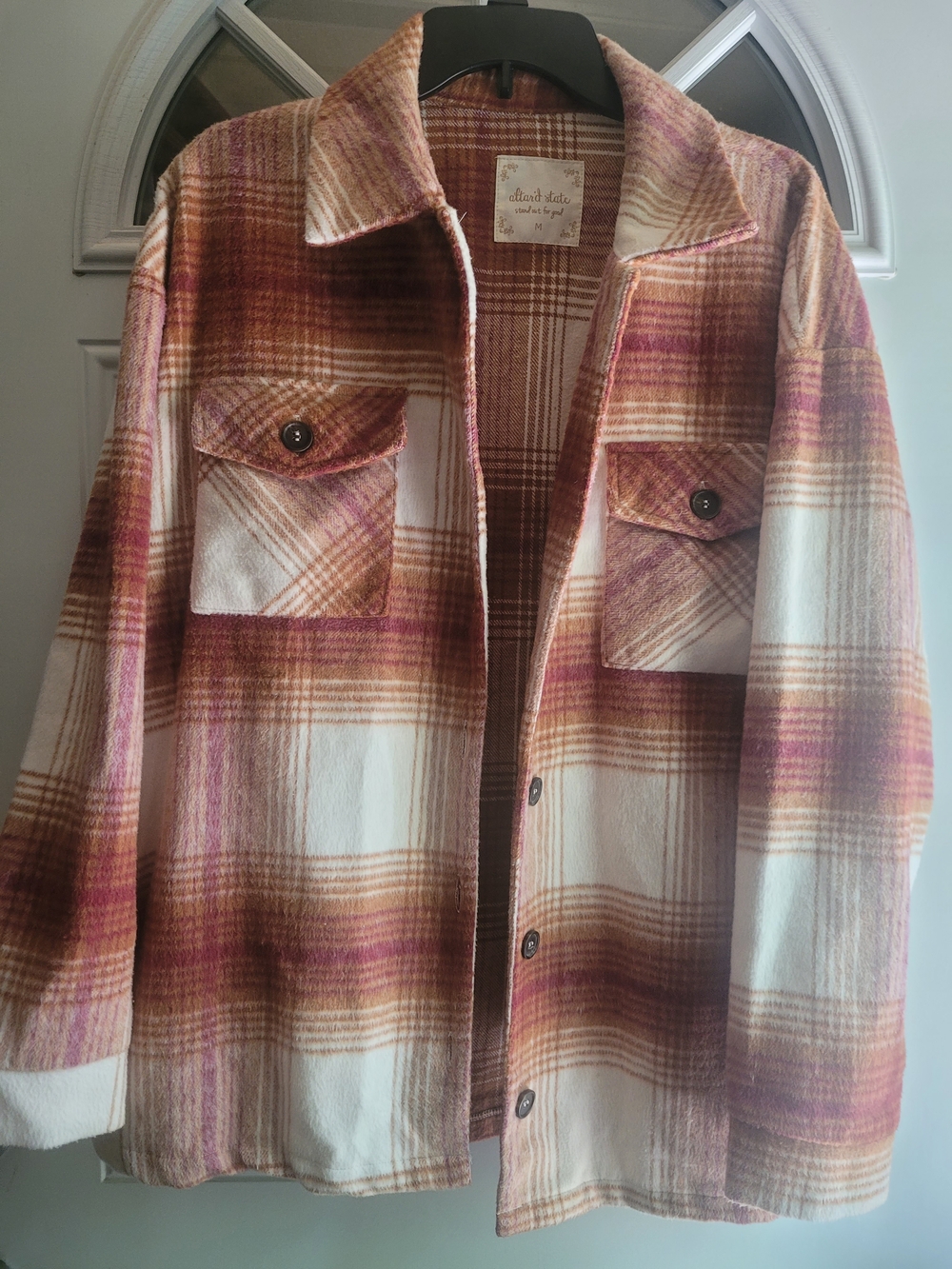 Altar'd State Plaid Button-Front Shirt Jacket in Rust, Cream & Pink